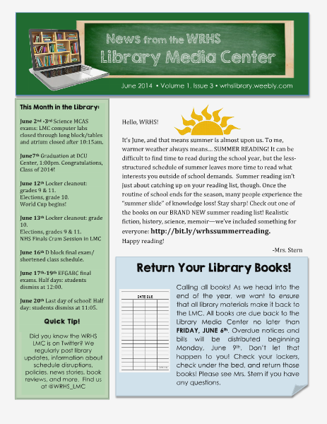 News from the WRHS Library Media Center June 2014