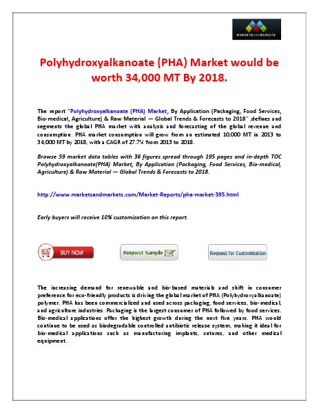 Polyhydroxyalkanoate (PHA) Market Trends and Forecasts by 2018. May 2014
