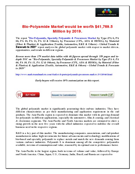 Bio-Polyamide Market would be worth $41,769.5 Million by 2019 June 2014