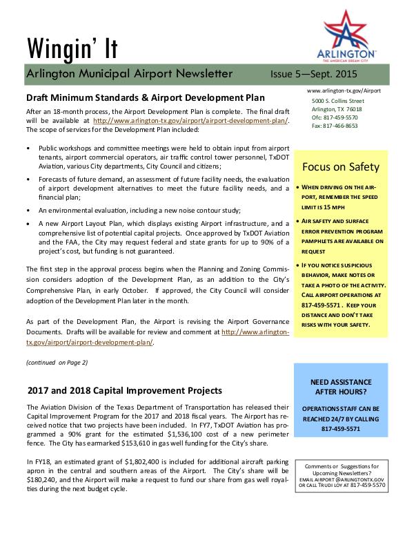 Wingin' It - Arlington Municipal Airport Newsletter Wingin' It - Issue 5 - September 2015