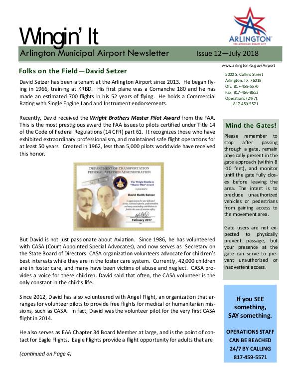 Wingin' It - Arlington Municipal Airport Newsletter Wingin' It - Issue 12 - July 2018