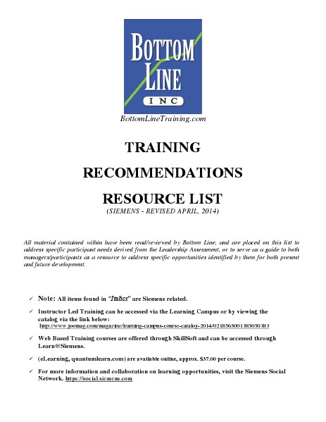 Siemens Training Recommendations Resource List Volume 1 April, 2014