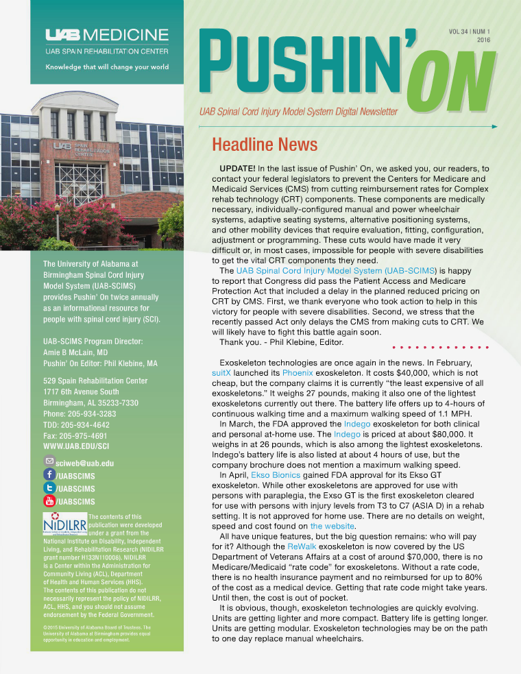 Pushin' On: UAB Spinal Cord Injury Model System Digital Newsletter Volume 34 | Number 1
