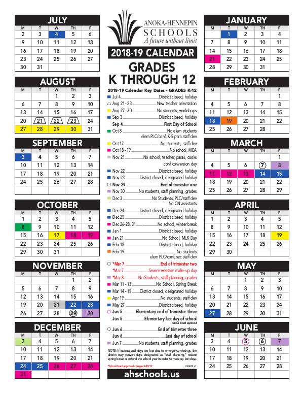 Calendars 2018-19 K-12 calendar