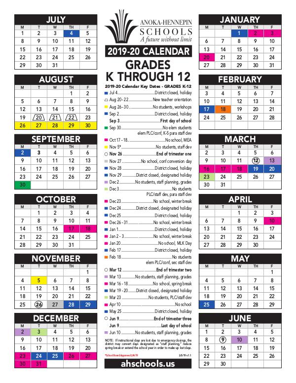 Calendars 2019-20 K-12 calendar