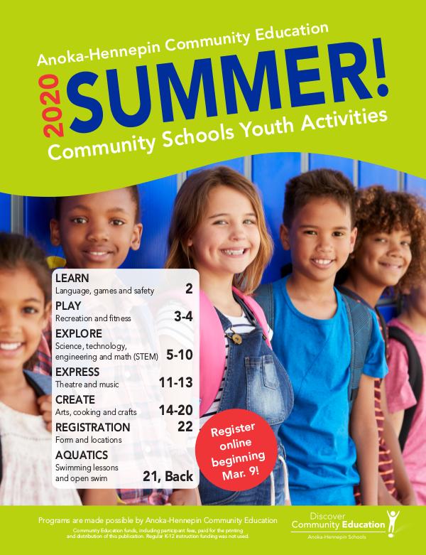 Community Education - current class catalogs Youth activities and classes - Summer 2020