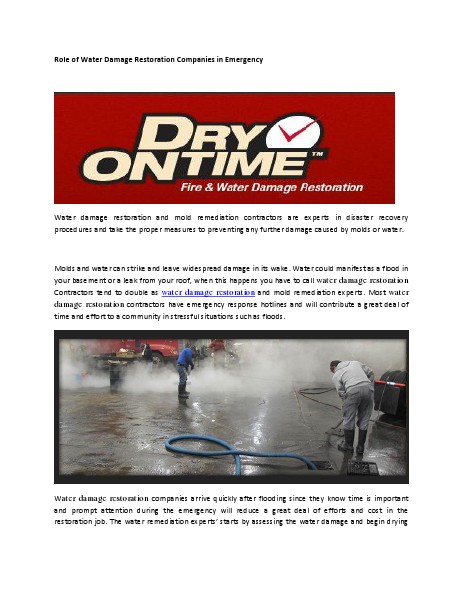 Role of Water Damage Restoration Companies in Emergency June, 2014