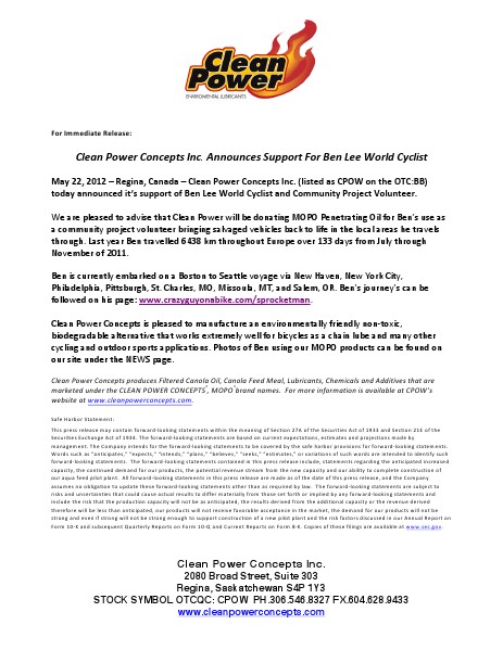 Test Drive 8/14/2014 $CPOW Clean Power Concepts, Inc. (P (CPOW)