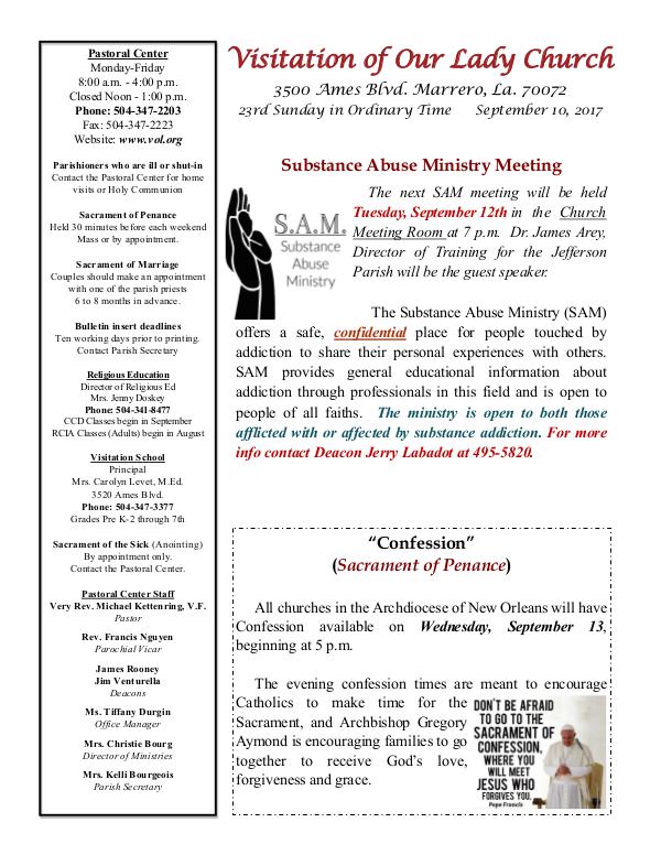 VOL Parish Weekly Bulletin September 10, 2017