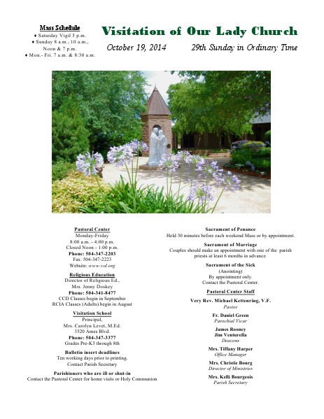VOL Parish Weekly Bulletin October 19, 2014 Bulletin