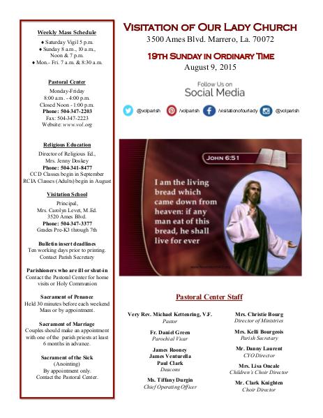 VOL Parish Weekly Bulletin August 9, 2015