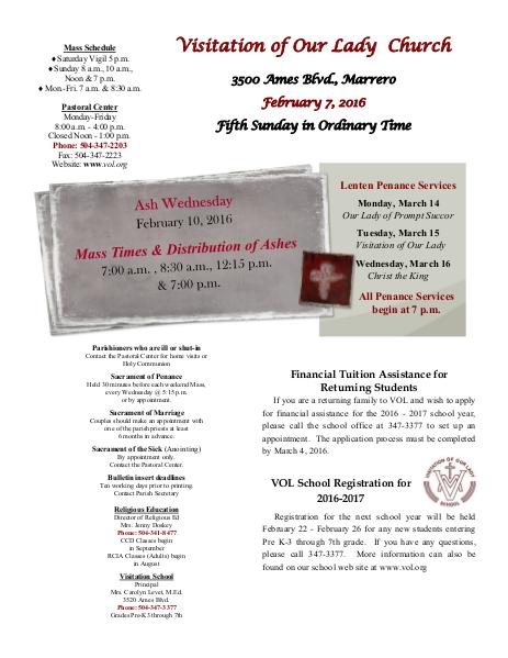 VOL Parish Weekly Bulletin February 7, 2016