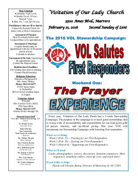 VOL Parish Weekly Bulletin February 21, 2016