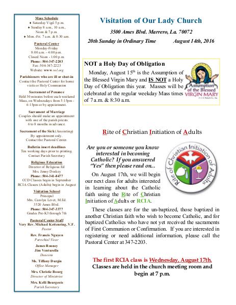 VOL Parish Weekly Bulletin August 14, 2016