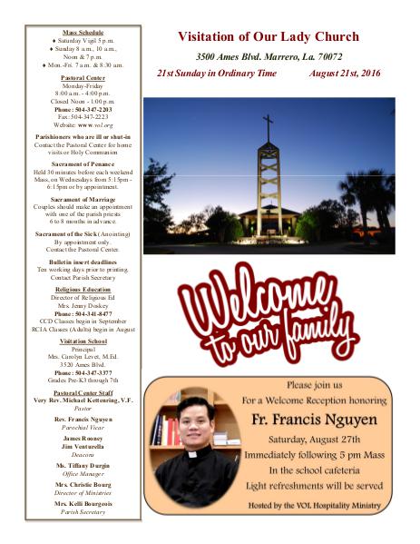 VOL Parish Weekly Bulletin August 21, 2016