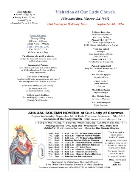 VOL Parish Weekly Bulletin September 4, 2016