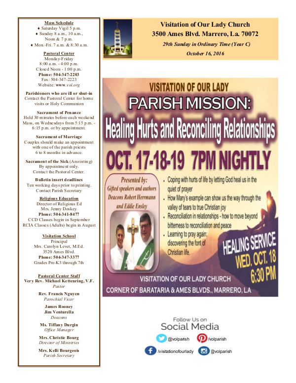 VOL Parish Weekly Bulletin October 16, 2016
