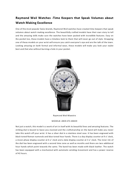 Raymond Weil Watches -Time Keepers that Speak Volumes about Watch Making Excellence Vol 1