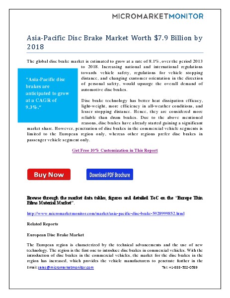 Asia-Pacific Disc Brake Market Worth $7.9 Billion by 2018 July 2014