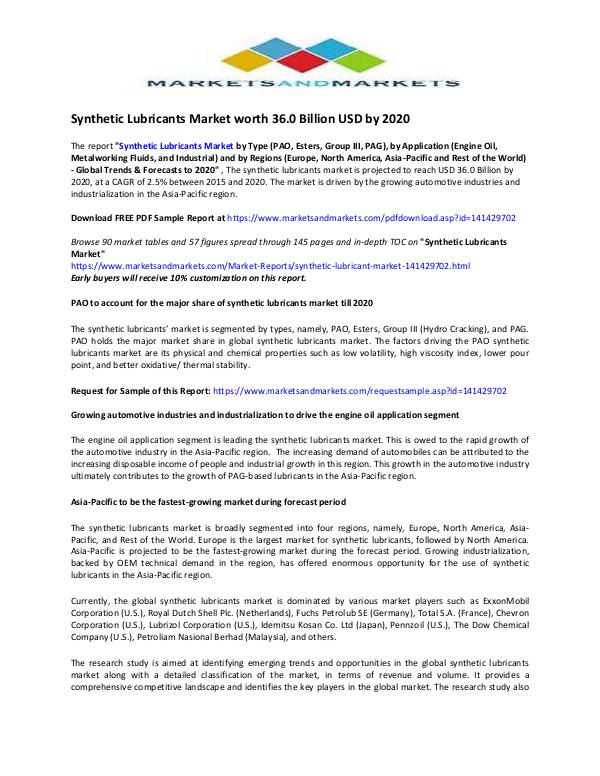 Synthetic Lubricants Market Synthetic Lubricants Market