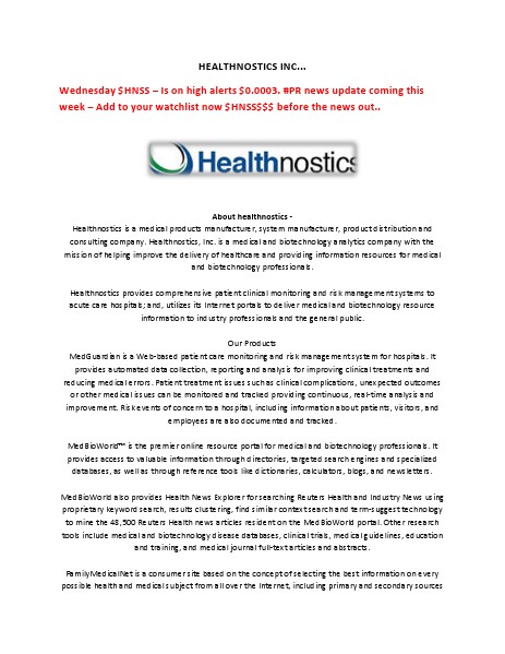 Healthnostics, Inc. $HNSS $HNSS ON HIGH ALERTS - Aug.06, 2014