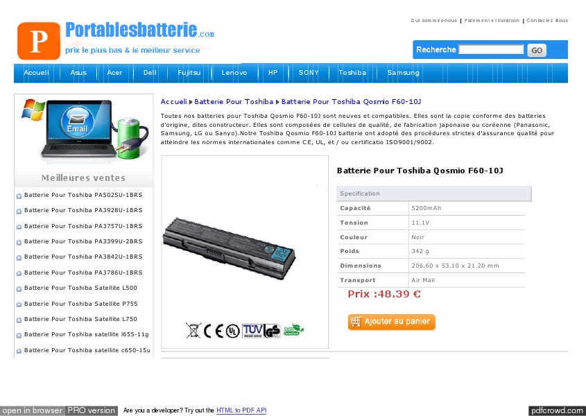 Batterie Pour Toshiba Qosmio F60-10J Batterie Pour Toshiba Qosmio F60-10J