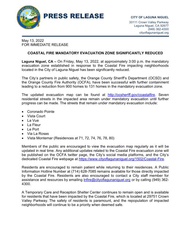 4 PRESS RELEASE  - COASTAL FIRE MANDATORY EVACUATION ZONE SIGNIFICANTLY REDUCED