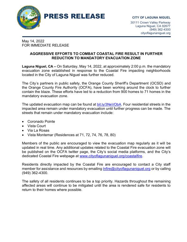 3 Press Release - Aggressive Efforts to Combat Coastal Fire Result in Further Reduction to Mandatory Evacuation Zone