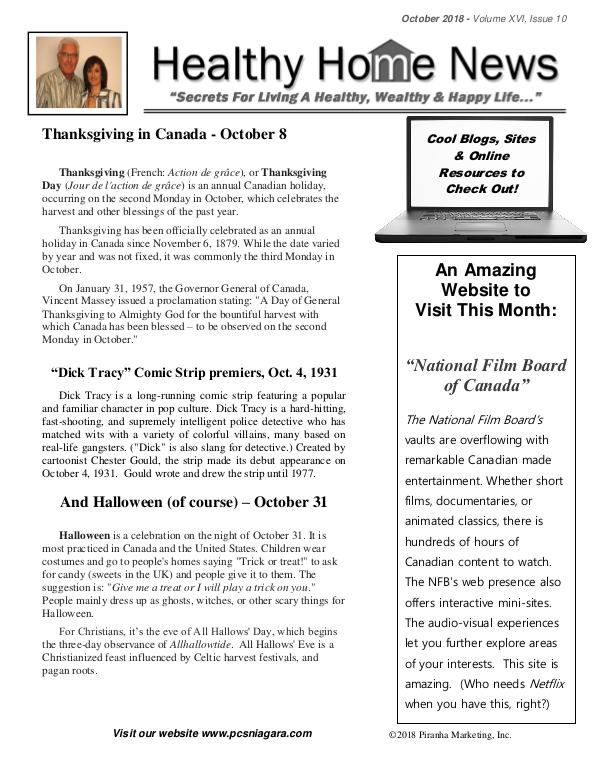 Healthy Home Newsletter October 2018 , Volume XVI, Issue 10
