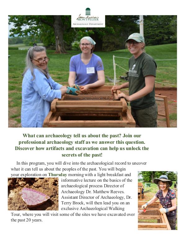 Montpelier Archaeology Public Programs (2019/2020) Three-Day Dig