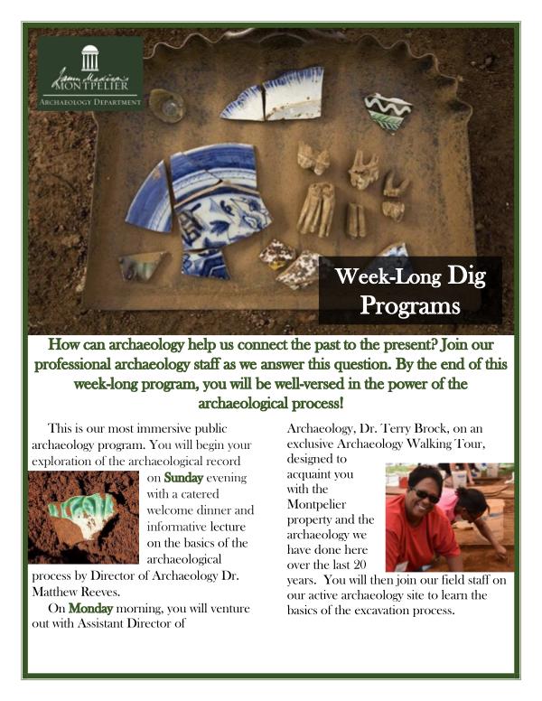 Montpelier Archaeology Public Programs (2019/2020) Week-Long Dig