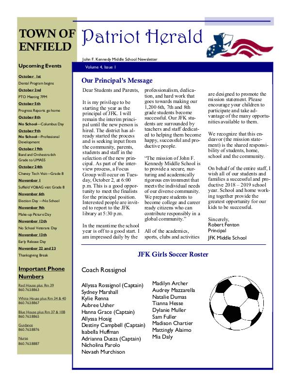 JFK Middle School: Patriot Herald Newsletter JFK 2018-19  Q1 Newsletter