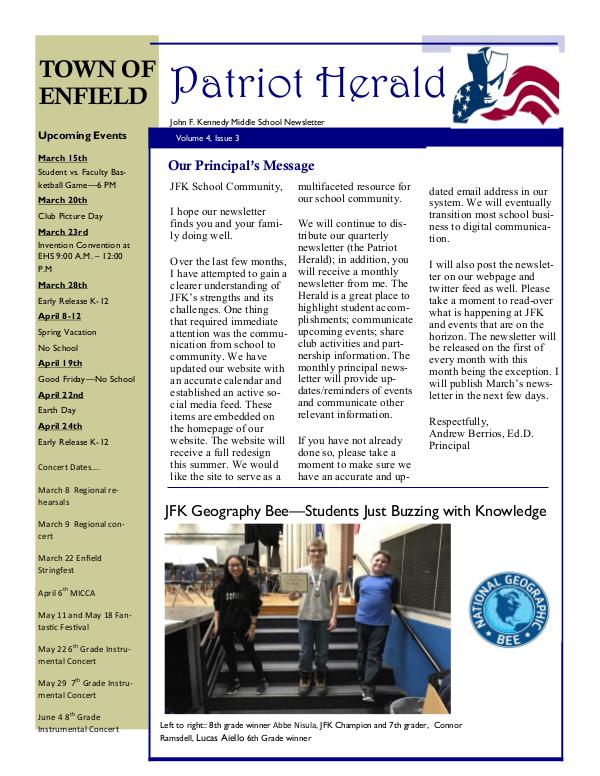 JFK Middle School: Patriot Herald Newsletter JFK 2018-19  Q3 Newsletter