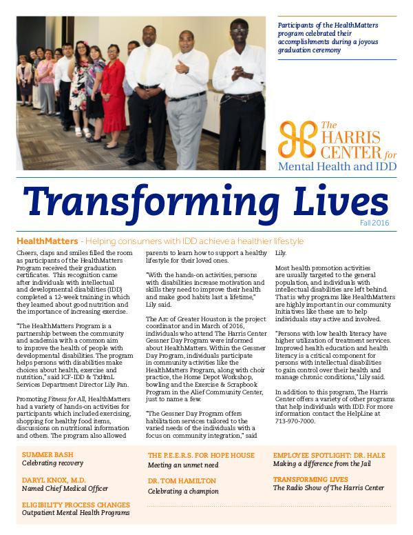 Transforming Lives - The Newsletter of The Harris Center Issue 2 - Fall 2016