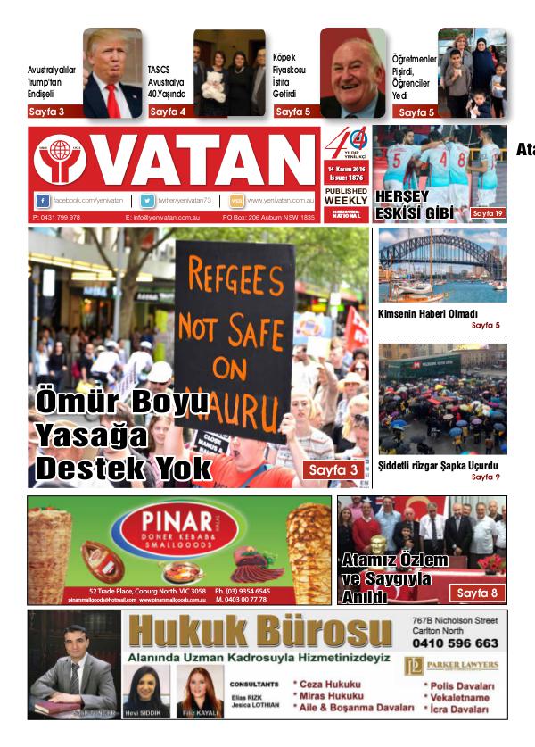 Yeni Vatan weekly Turkish Newspaper November 2016 Issue 1876