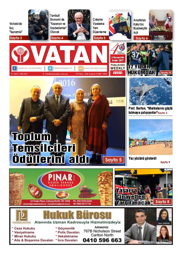 Yeni Vatan weekly Turkish Newspaper November 2016 Issue 1877