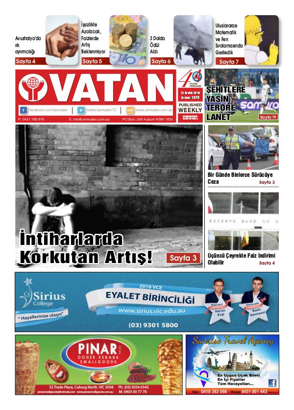 Yeni Vatan weekly Turkish Newspaper December 2016 Issue 1880 Live
