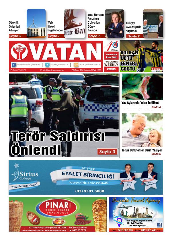 Yeni Vatan weekly Turkish Newspaper December 2016 Issue 1881