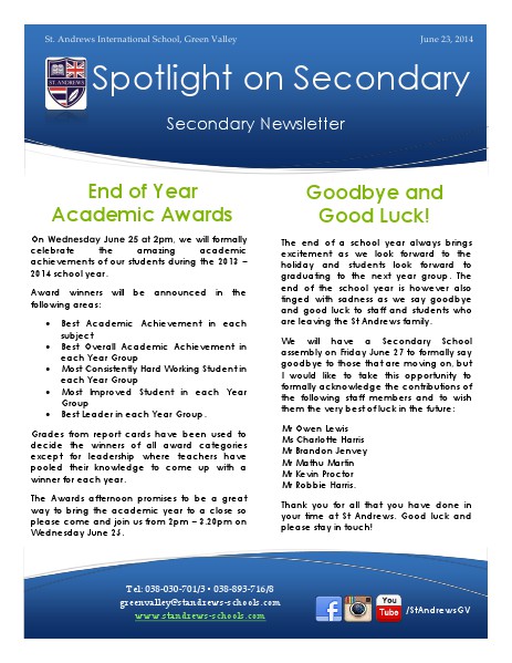 Spotlight on Secondary Newsletter June 23, 2014