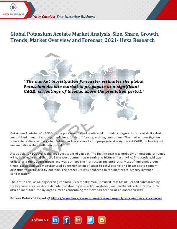 Chemical industry reports Potassium Acetate Market Trends and Analysis, 2021