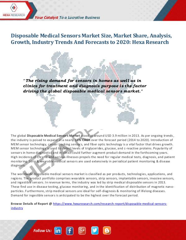 Healthcare Industry Disposable Medical Sensors Market Trends, 2020