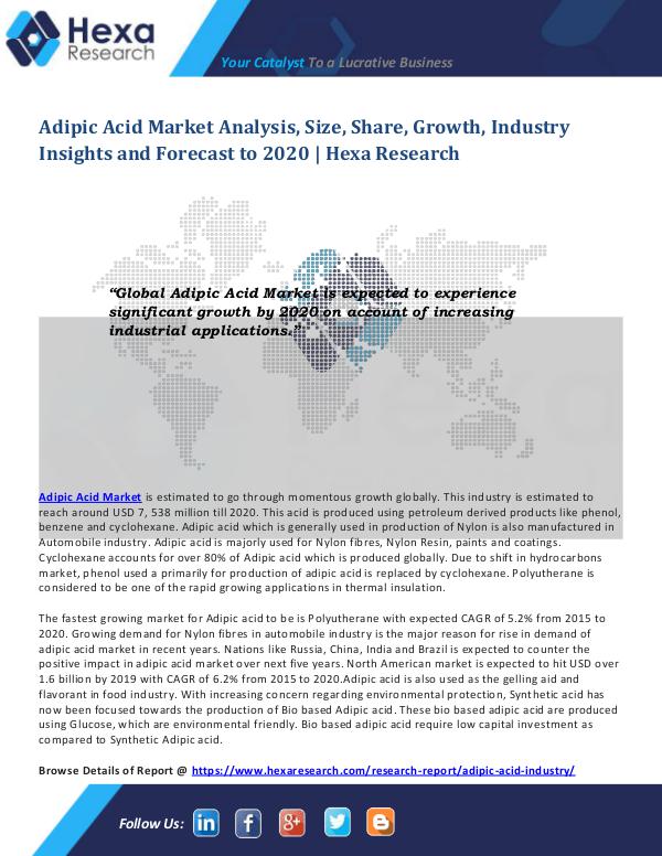 Chemical industry reports Global Adipic Acid Market Trends