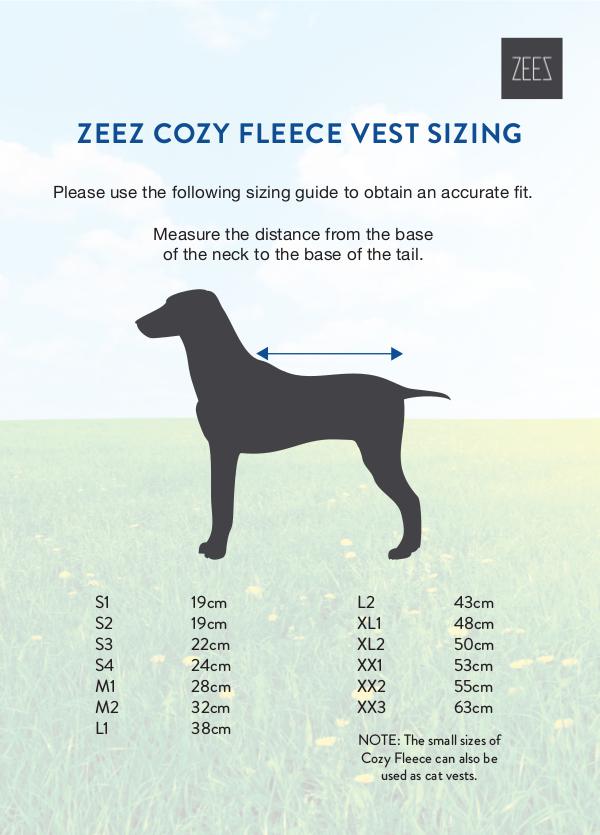 Coats, boots, halters, thunder shirts, Zen Dog, etc sizing guides ZEEZ COZY FLEECE VEST SIZING