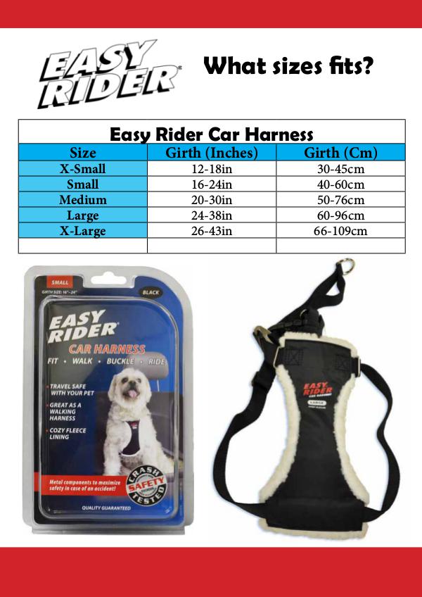 Coats, boots, halters, thunder shirts, Zen Dog, etc sizing guides Easy Rider - Car Harness