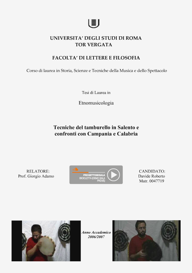Tesi di Laurea di Davide Roberto in Etnomusicologia (Dams - Musica) Tesi di Laurea in Etnomusicologia di D. Roberto