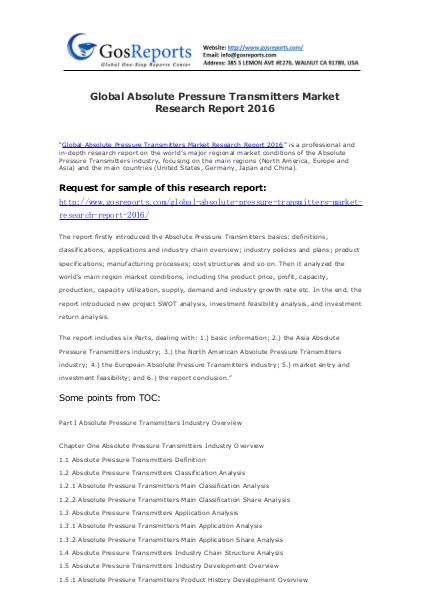 Global Absolute Pressure Transmitters Market Resea