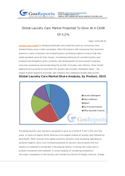 Global Laundry Care Market Projected To Grow At A CAGR Of 5.2% Global Laundry Care Market