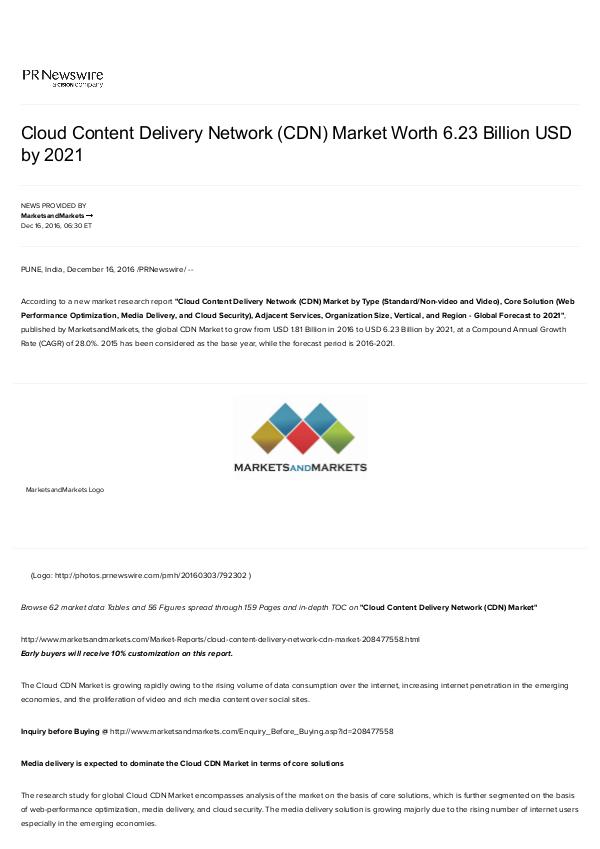 Cloud CDN Market may reach to $ 6.23 Billion by 2021 Cloud Content Delivery Network Market
