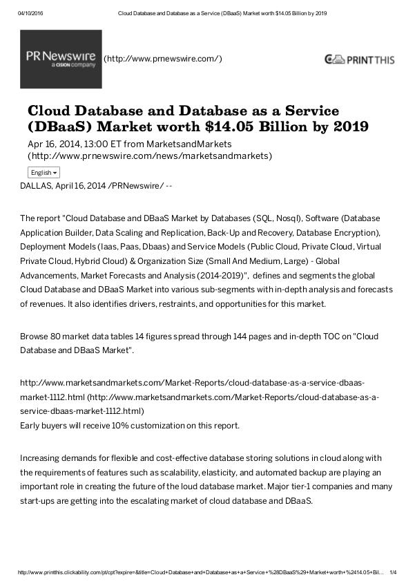 Cloud Database industry expected $ 14.05 Billion investment by 2019 Cloud Database
