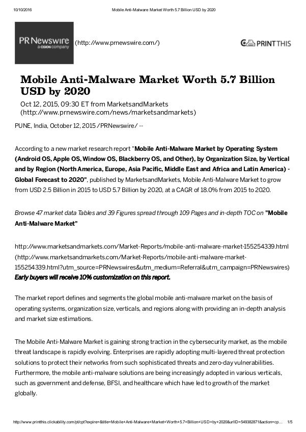Mobile Anti-Malware Market worth $ 5.7 Billion by 2020 Mobile Anti-Malware Market